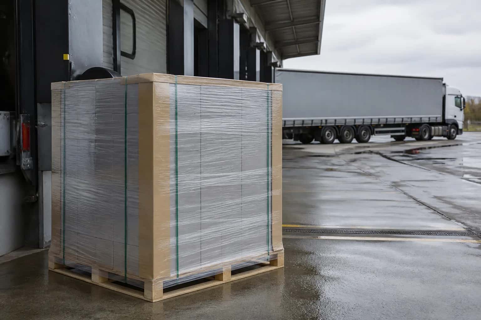Palletised goods prepared for delivery at a warehouse loading bay.