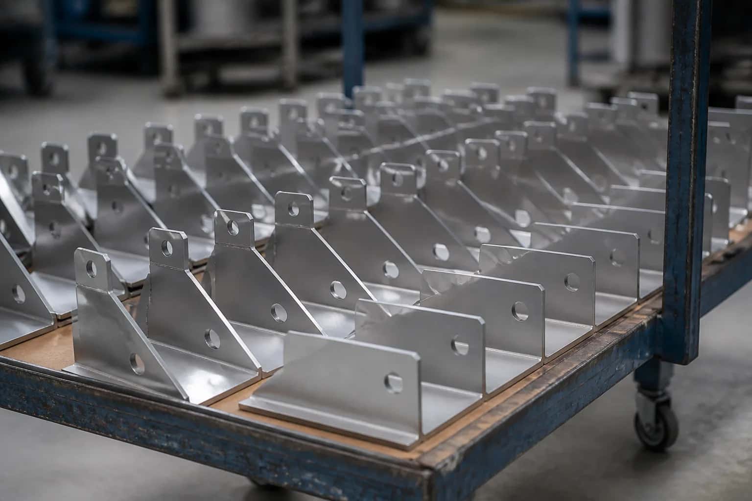 A batch of metal brackets arranged on a production trolley.