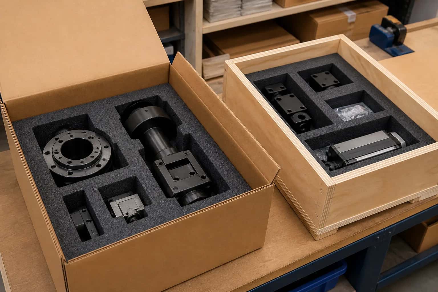 Industrial components protected with foam, cartons and a plywood case.
