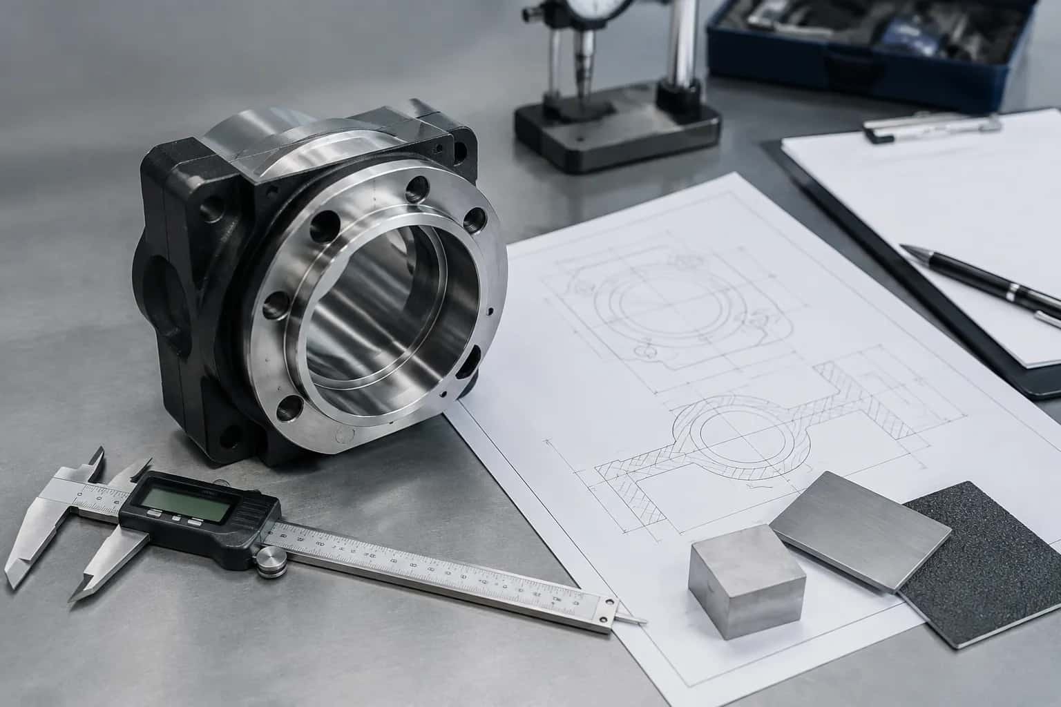 Product information being checked with a component, drawing and measuring tool.