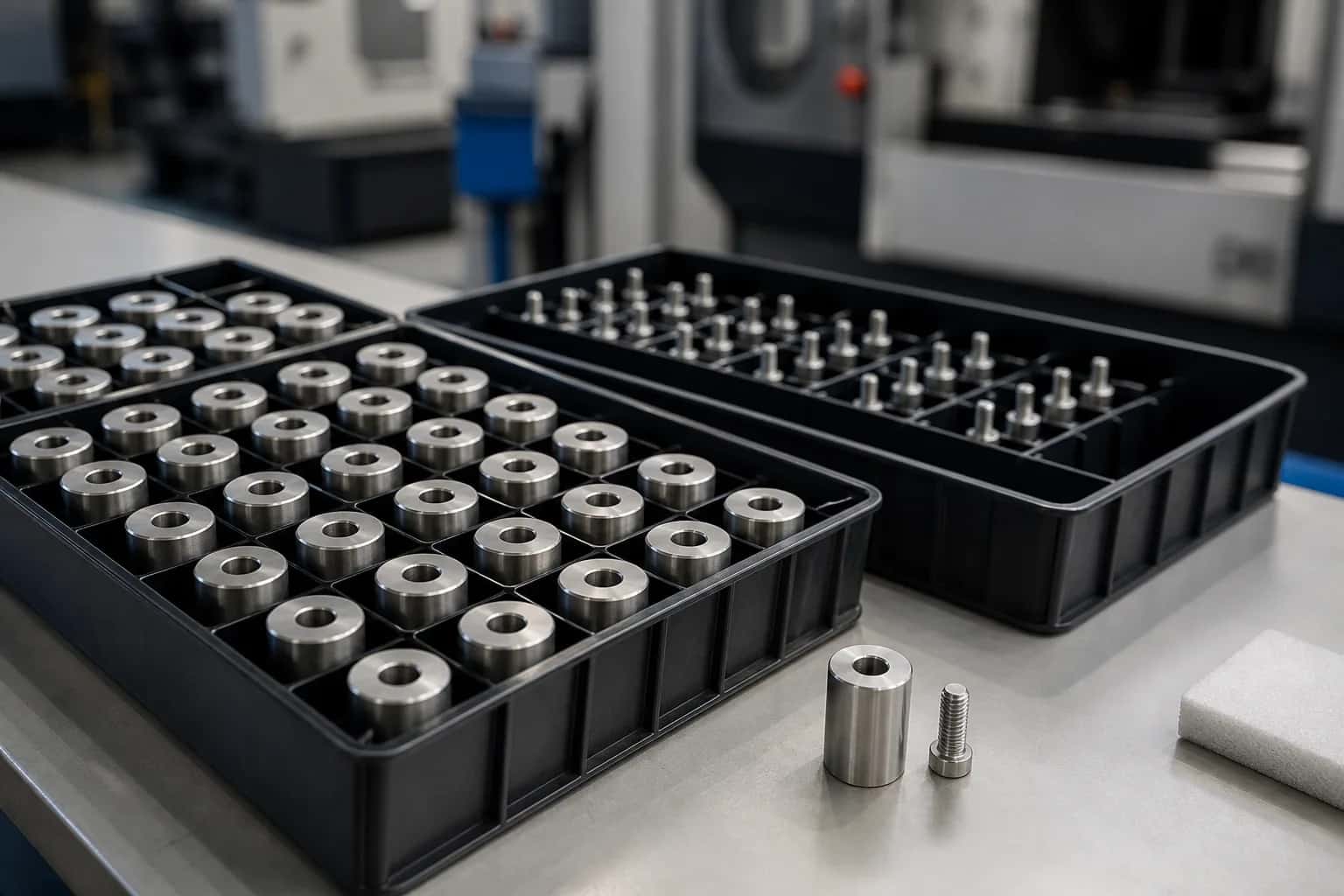 Repeat-production metal components organised in reusable trays.