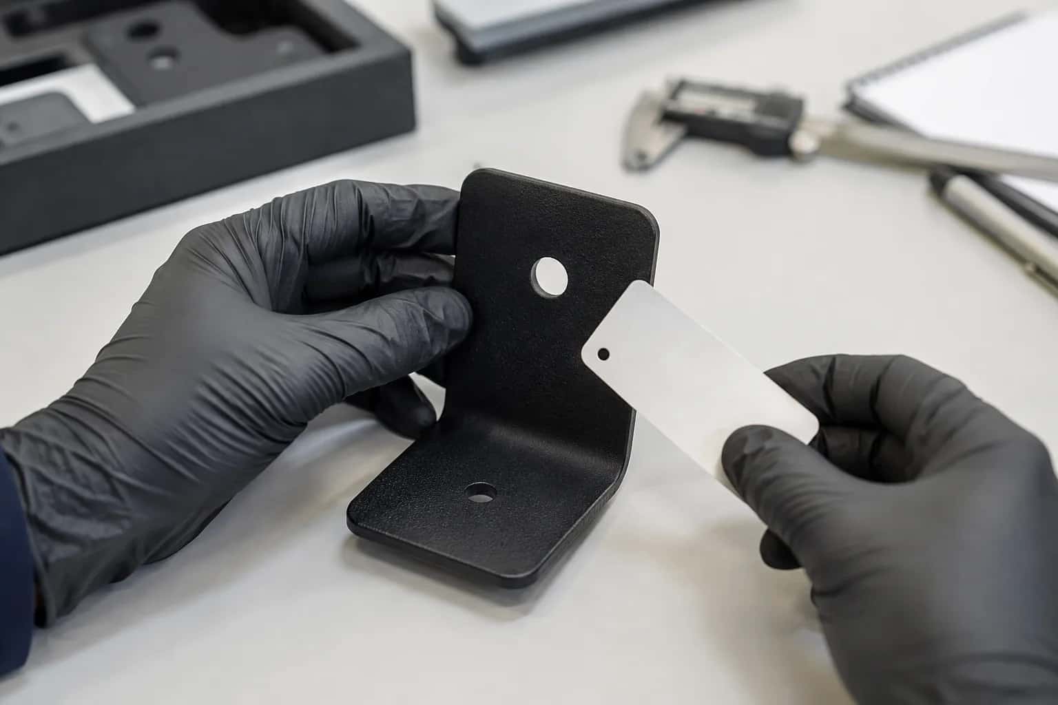 A metal bracket sample undergoing a finish review.