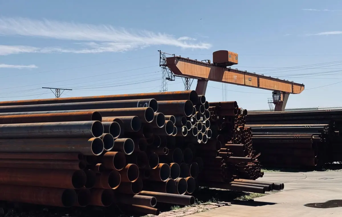 Stacked welded steel tubes in an industrial yard for trade-remedy scope checks.